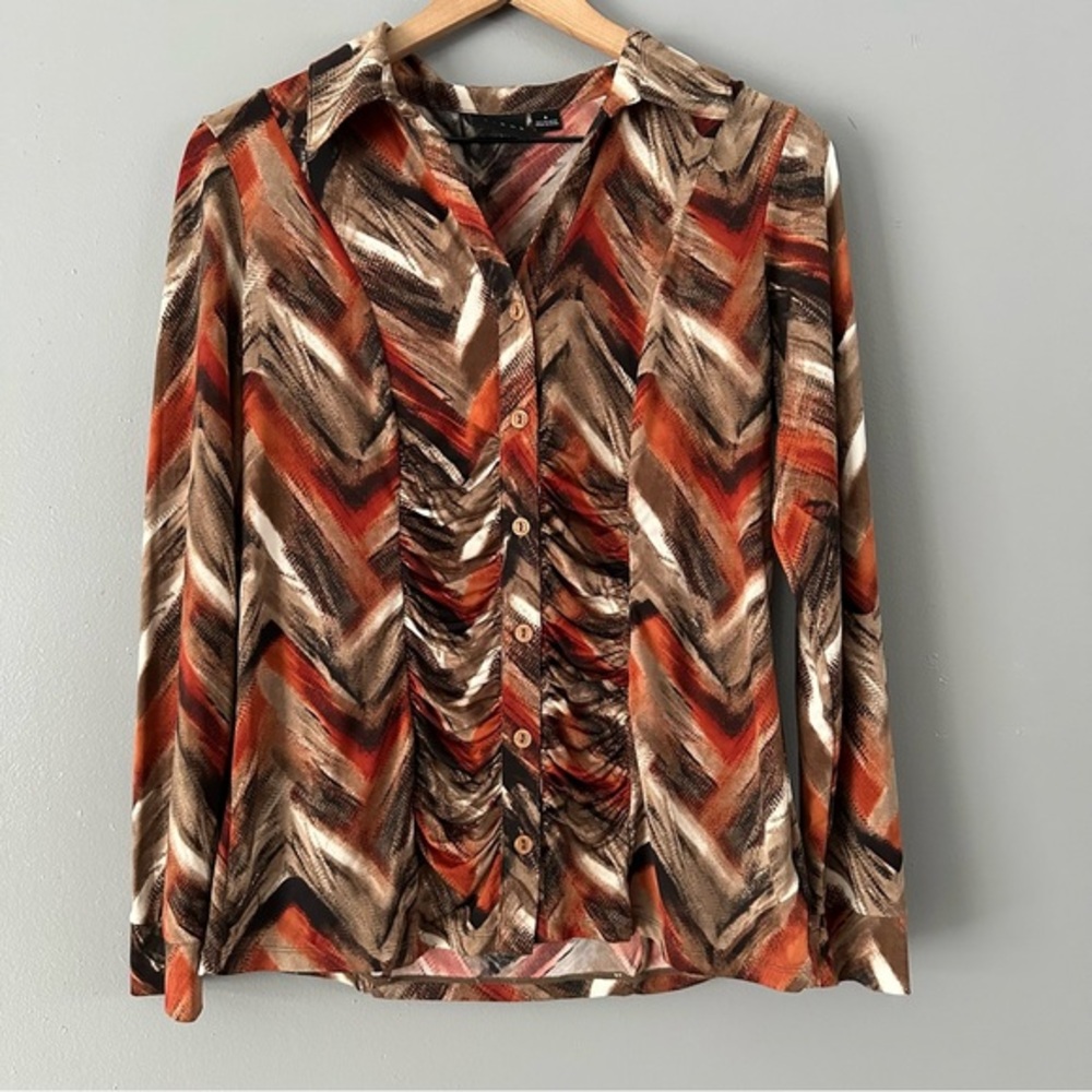 Tribal Women's Long Sleeve Button Down Collared Top | Brown +‎ Tan + Orange